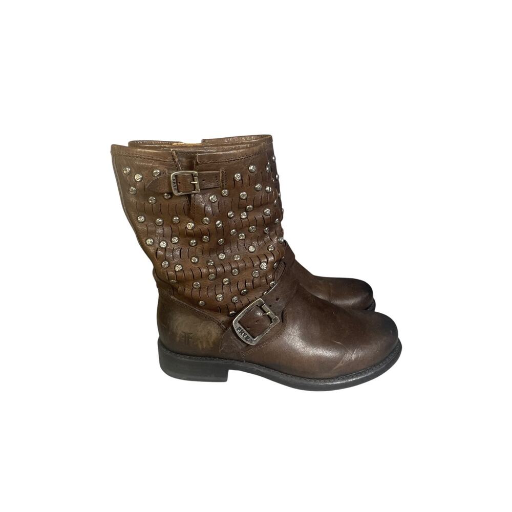 Frye Women’s 6.5B Jenna Cut Stud Short Distressed Brown Leather Moto Boots - Picture 4 of 9